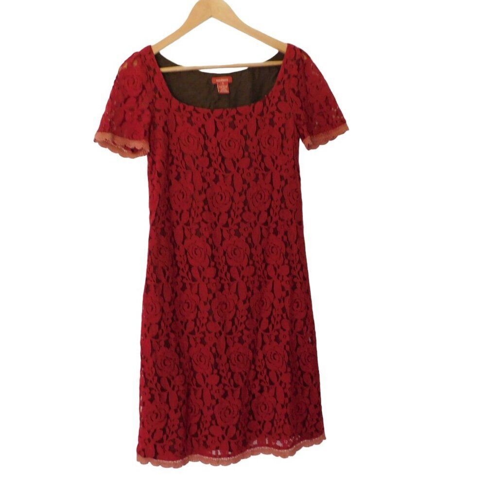 SUNDANCE Lace Overlay DRESS Size 6 Floral Silk Lined Short Sleeve Shift Dress